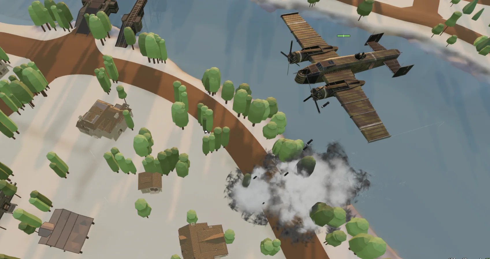 Twin-engine bomber dropping bombs on a snowy town by a river