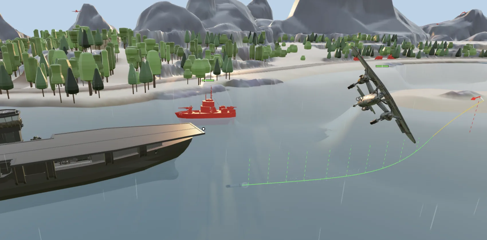 Torpedo plane launching a torpedo at a target ship near an aircraft carrier, with its flight path traced