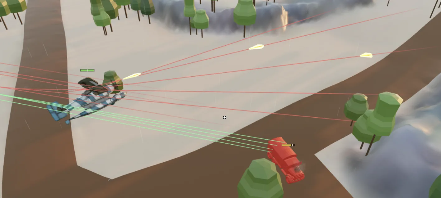 Fighter firing at a truck on a snowy road, with bullet traces